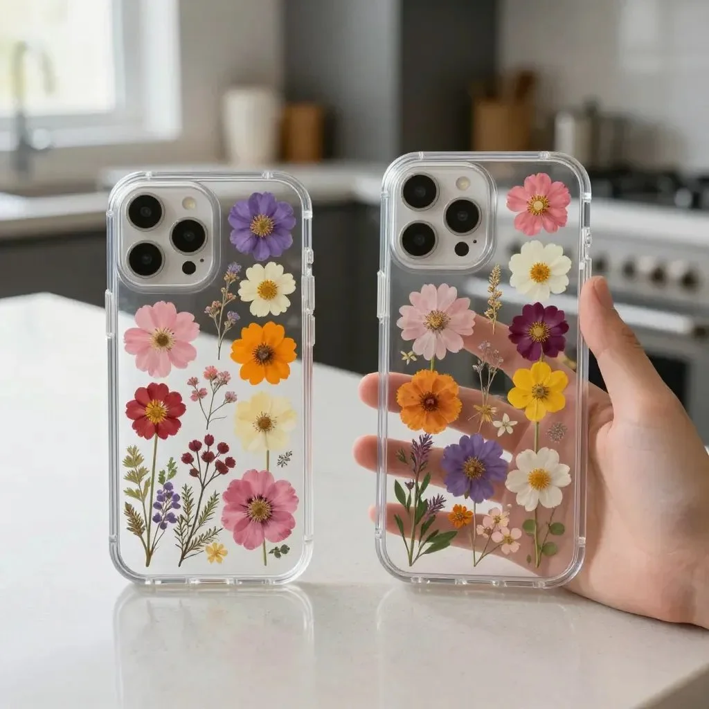 Pressed petal phone case featuring floral design for stylish protection