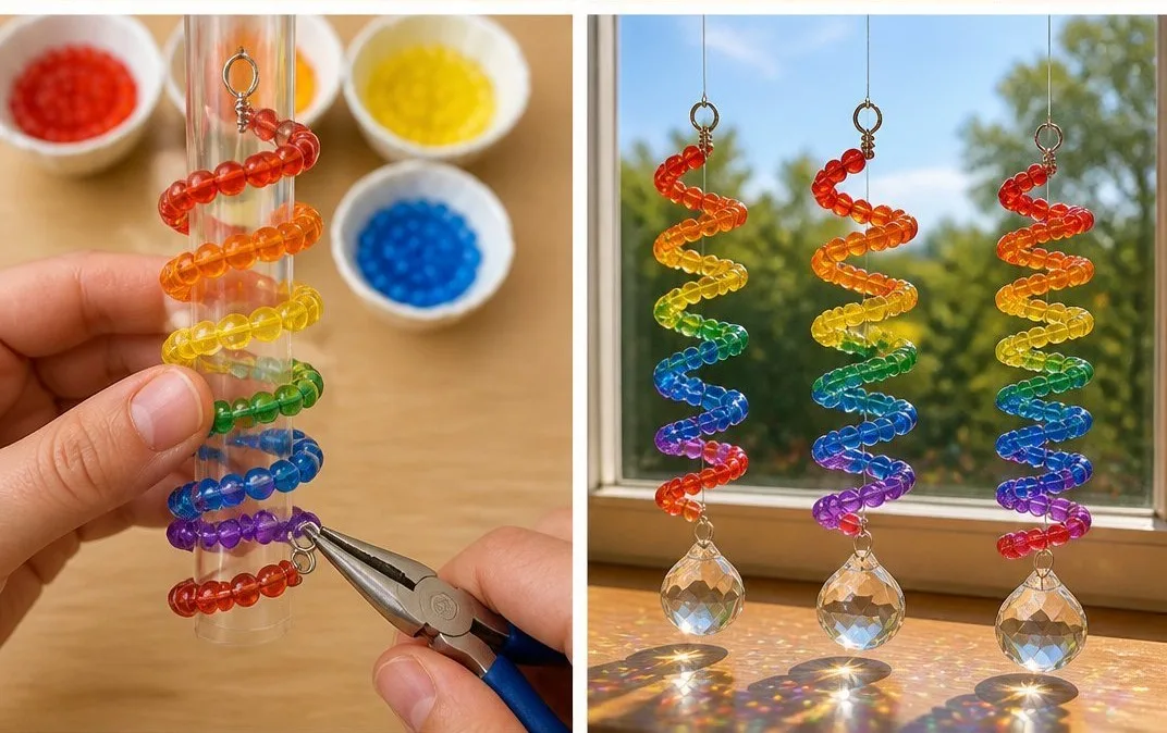 Rainbow Bead Spiral Suncatcher Becomes Cozy 6 Rainbow Bead Spiral Suncatcher