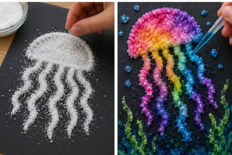 Colorful jellyfish created using rainbow salt painting technique.