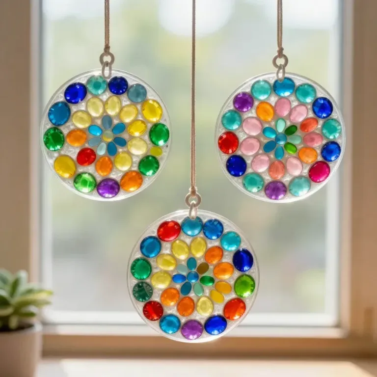 Colorful stained glass suncatchers hanging in sunlight, showcasing intricate designs.