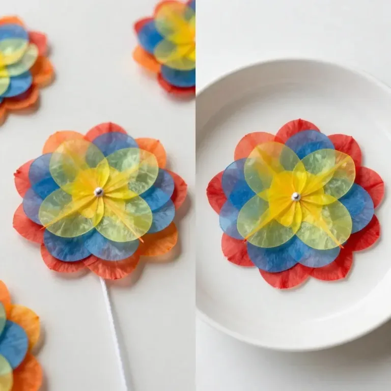 Colorful tissue paper flower suncatcher hanging in sunlight, creating a cozy atmosphere.