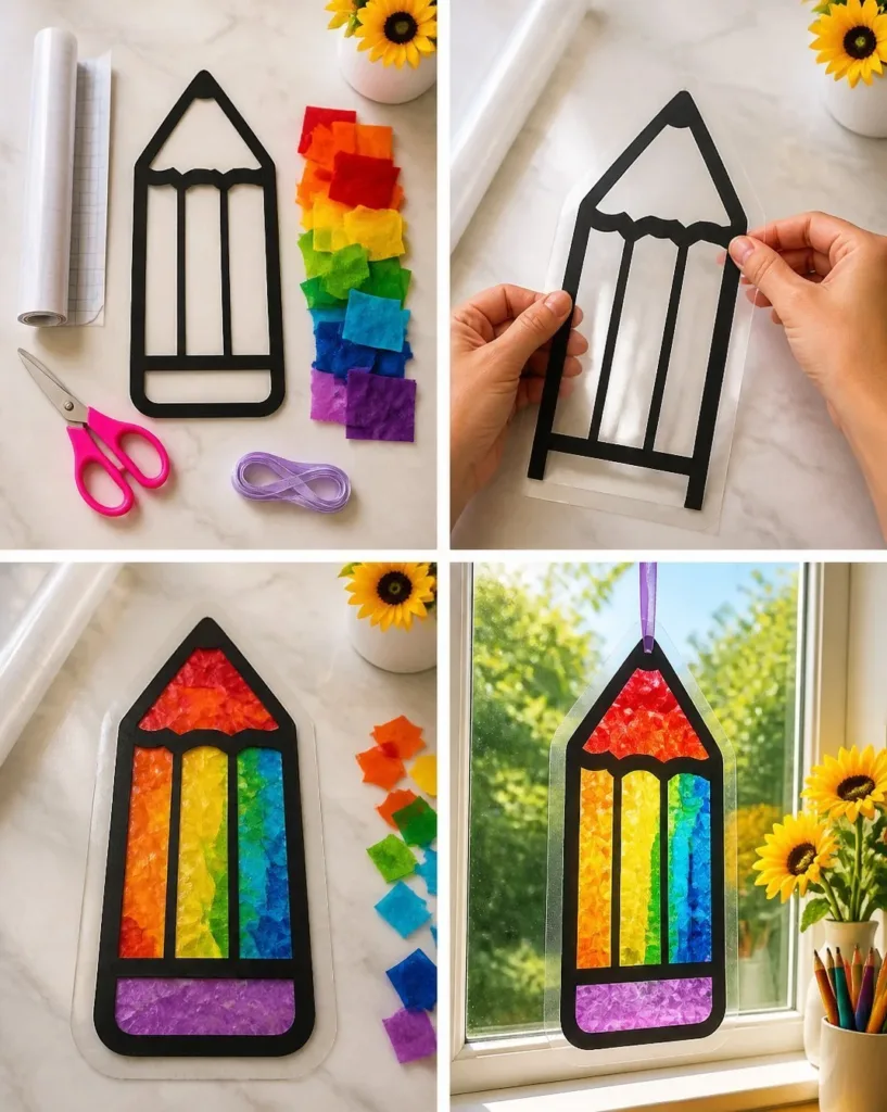Colorful rainbow pencil suncatcher hanging in sunlight, brightening up the room.
