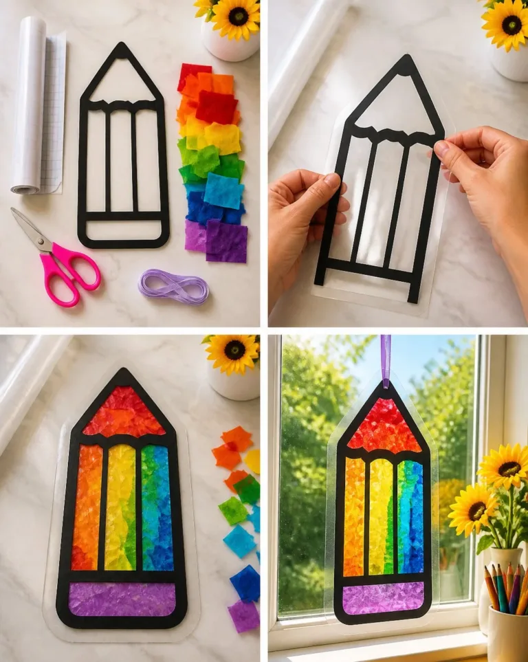 Colorful Rainbow Pencil Suncatcher catching sunlight for a warm, vibrant atmosphere.