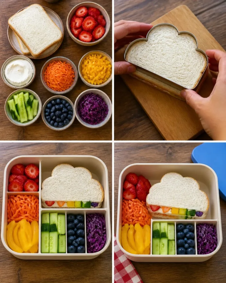 Colorful rainbow sandwich bento box for back-to-school lunches