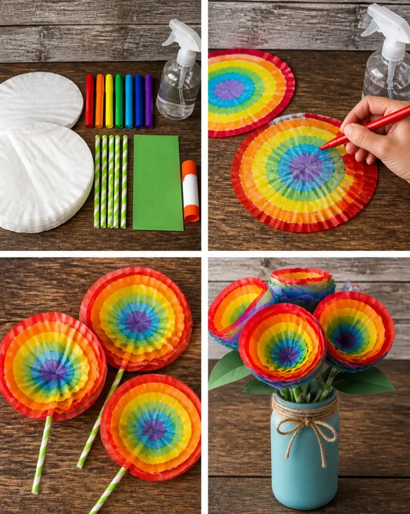 Colorful Coffee Filter Rainbow Apple Bouquet artfully arranged for decoration.