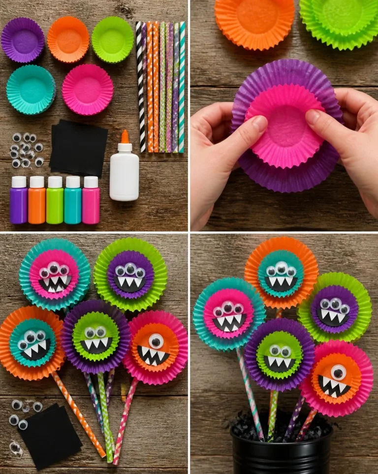 Cozy and colorful cupcake-liner monster flowers in a vibrant display.