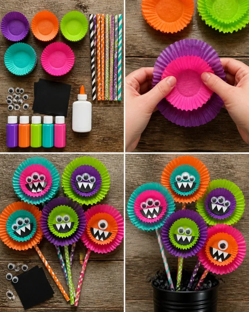 Cozy and colorful cupcake-liner monster flowers in a vibrant display.