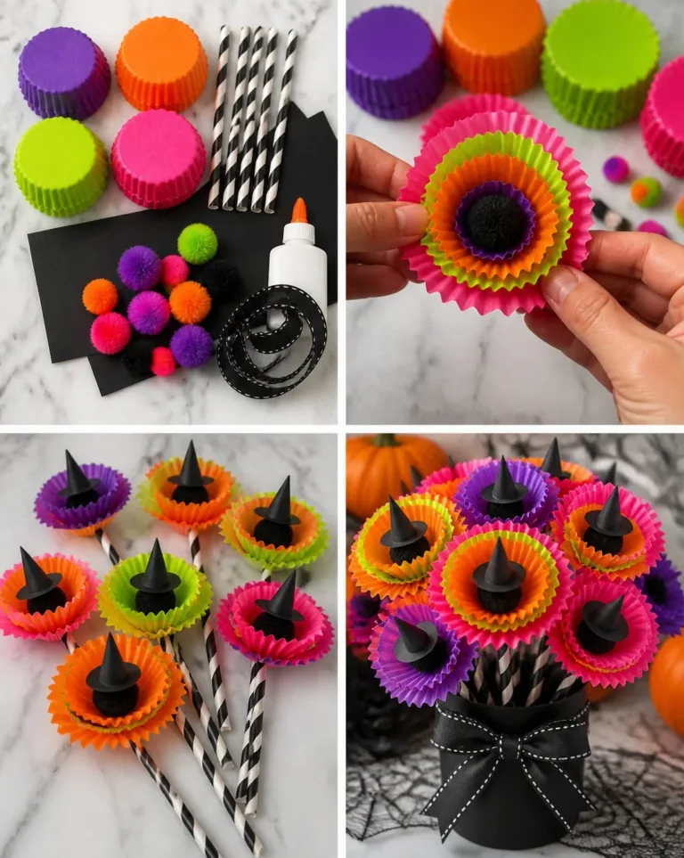 Colorful witch flower bouquet made from cupcake liners for festive decor
