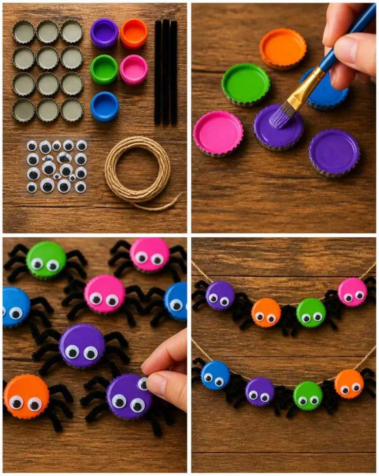 Colorful Halloween garland with bottle-cap spider decorations