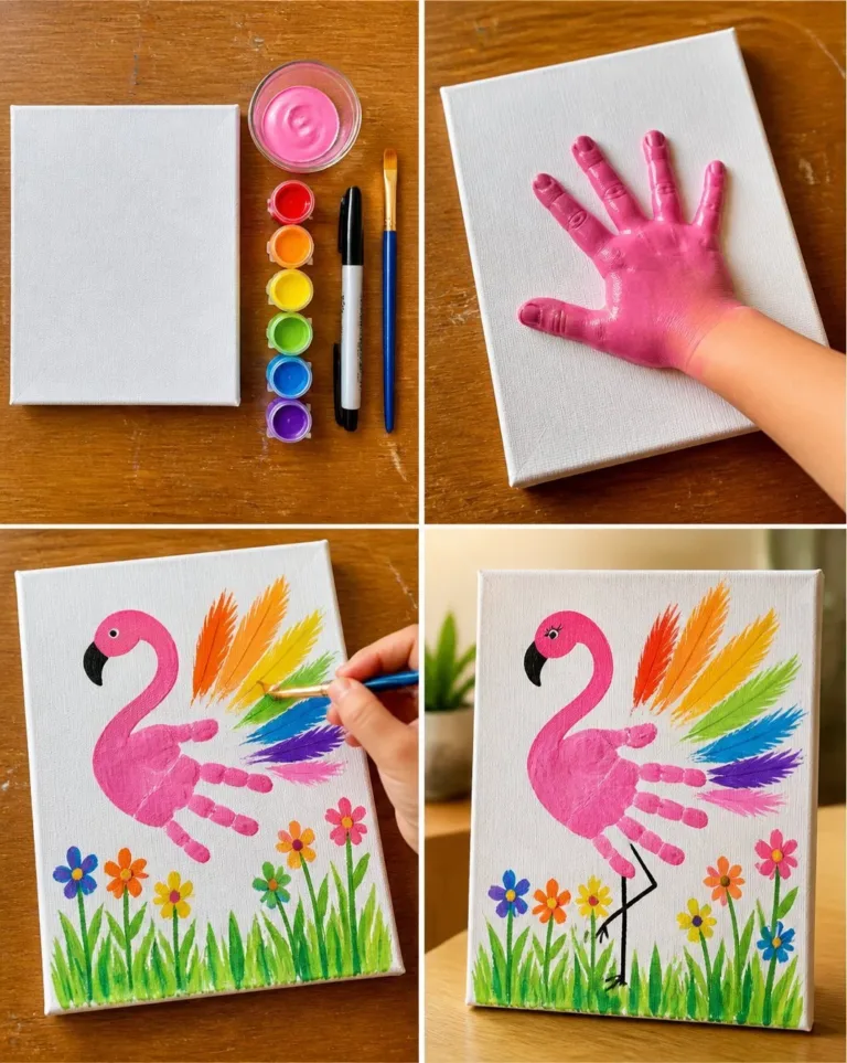 Colorful handprint flamingo canvas keepsake art for kids
