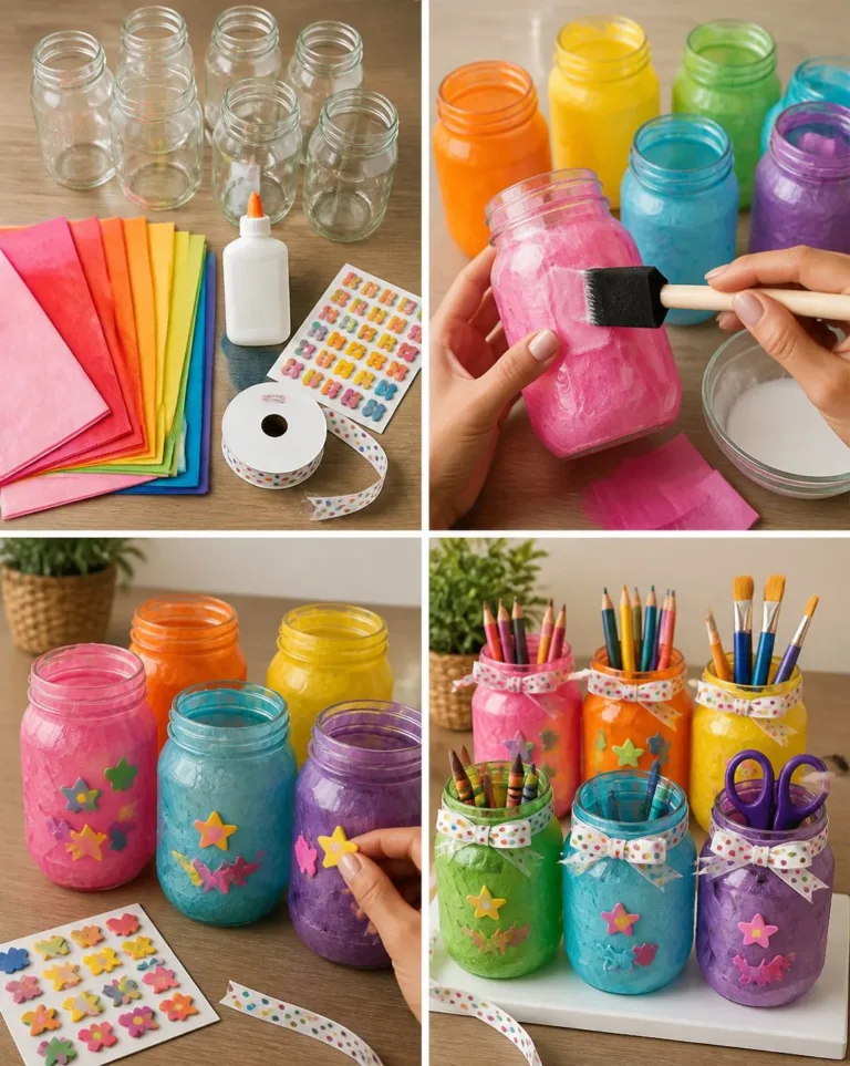 Colorful mason jars used for creative storage of school supplies