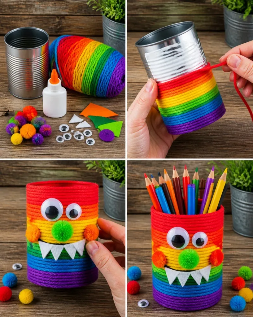 Colorful monster pencil holder designed for a cozy workspace look