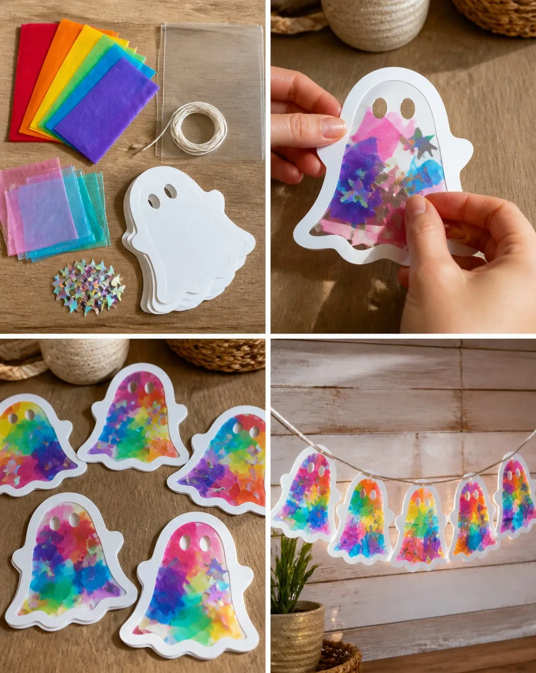 Colorful Rainbow Ghost Window Suncatcher Garland for Kids 7 Cute Rainbow Ghost Suncatcher Garland