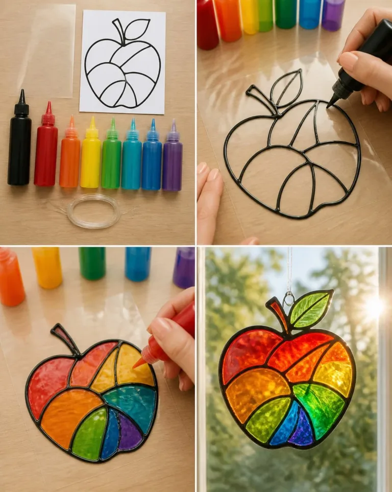 Colorful rainbow glass apple suncatcher capturing sunlight and creating vibrant reflections