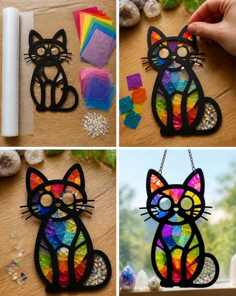 Colorful rainbow kitty suncatcher hanging in a clear glass window
