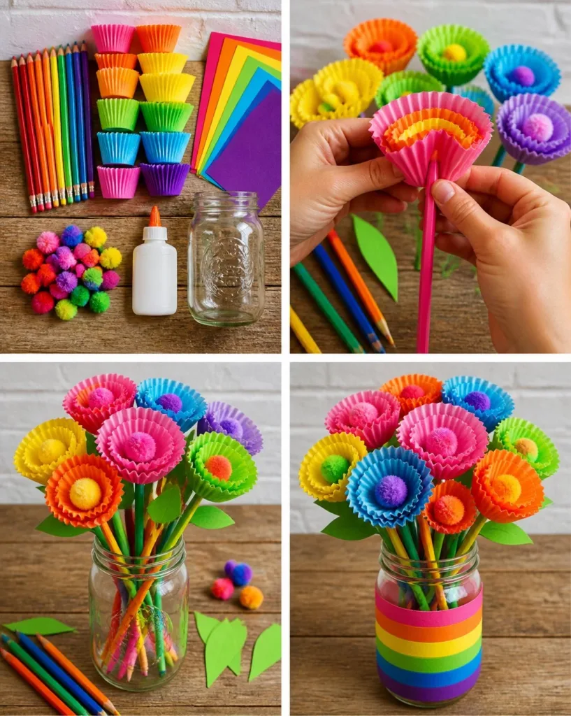 Colorful rainbow pencil bouquet arrangement for back-to-school decor