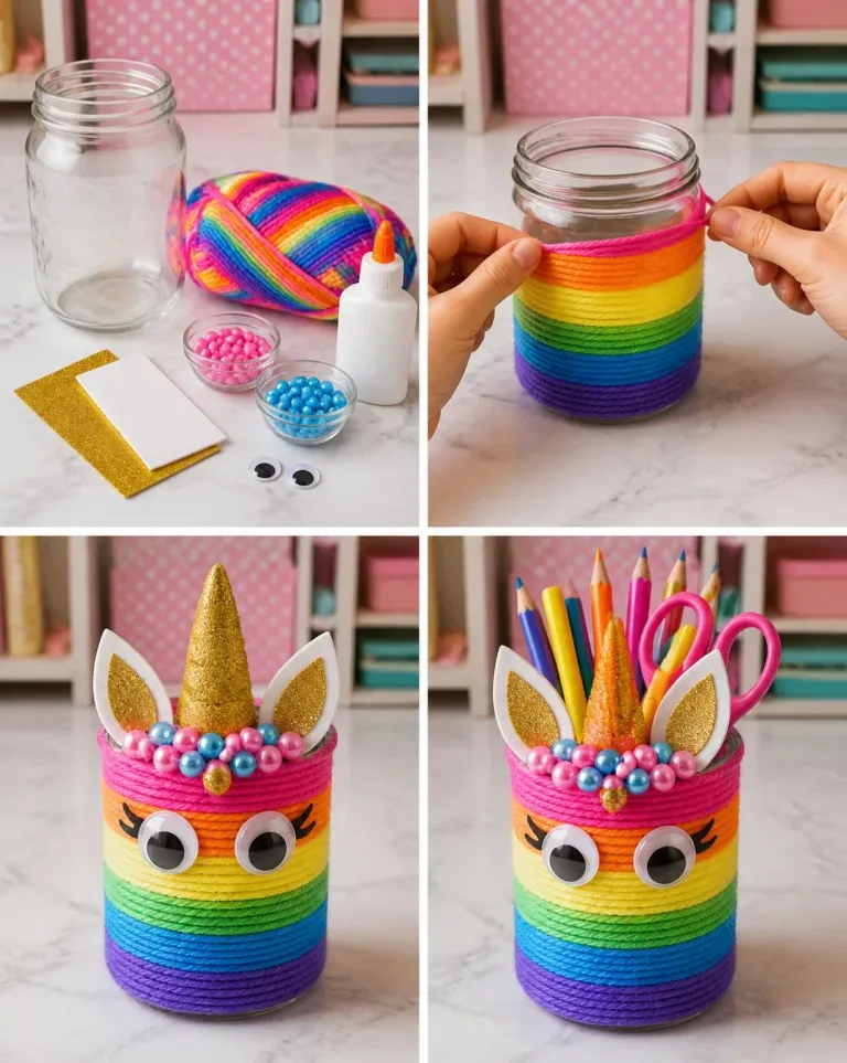 Colorful rainbow unicorn pencil holder as a fun desk organizer