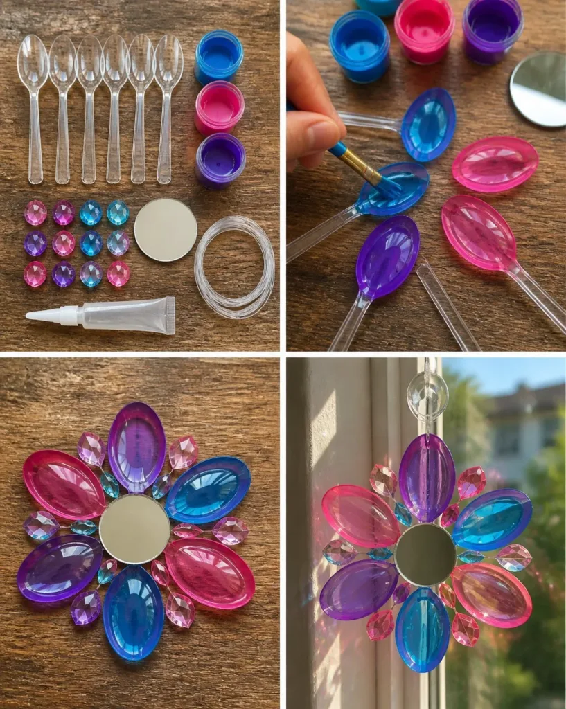 Beautiful crystal flower light catcher reflecting sunlight in a cozy room