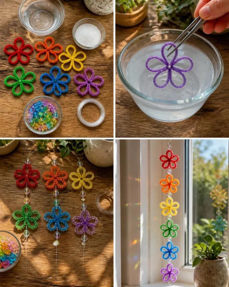 Crystal Rainbow Flower Suncatcher Chain casting colorful rainbows