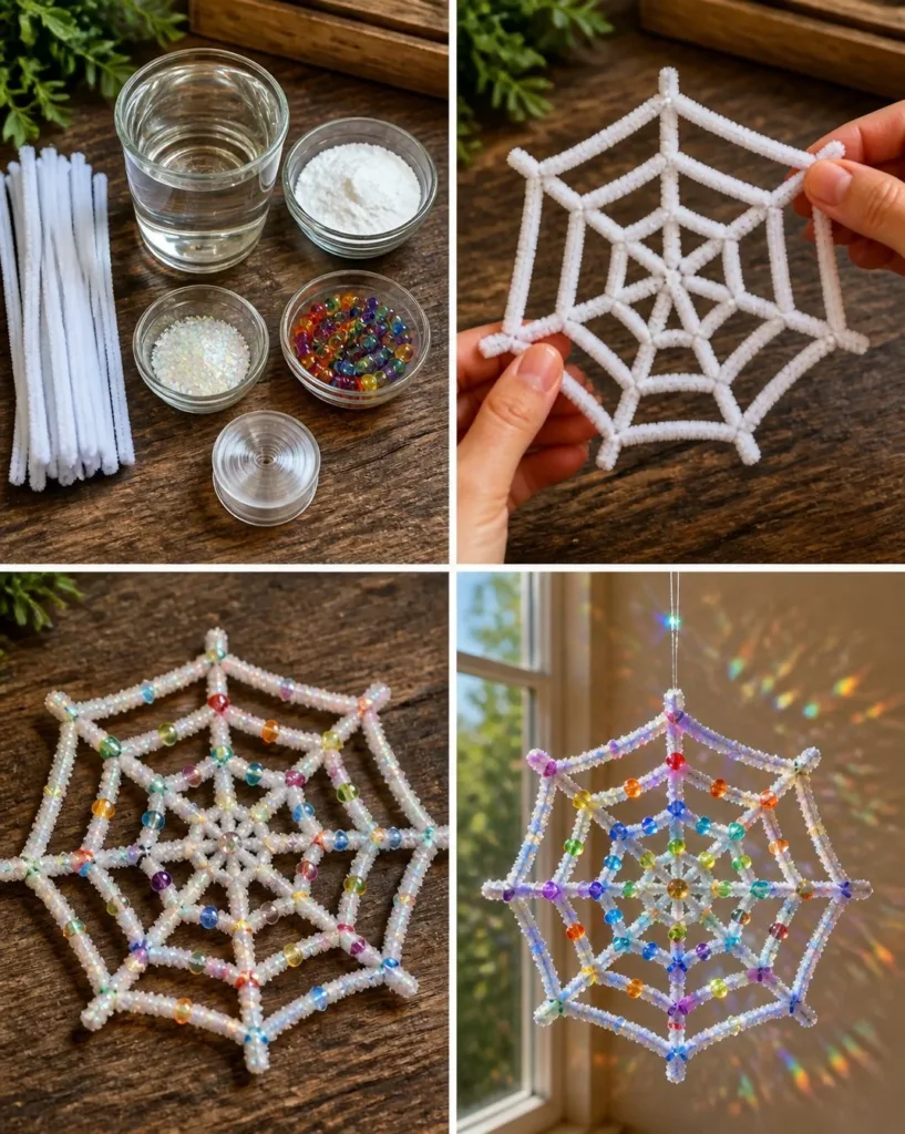 Crystal Spiderweb Rainbow Suncatcher reflecting colorful light indoors