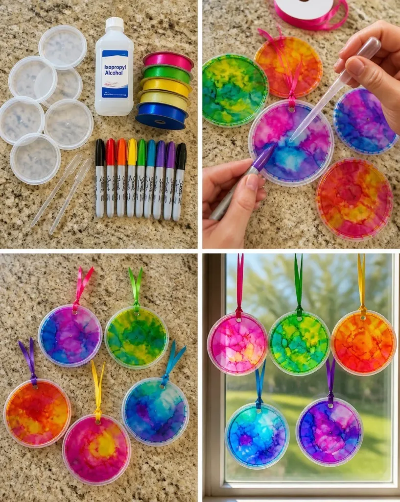 Colorful DIY faux stained glass suncatcher hanging in a sunlit window