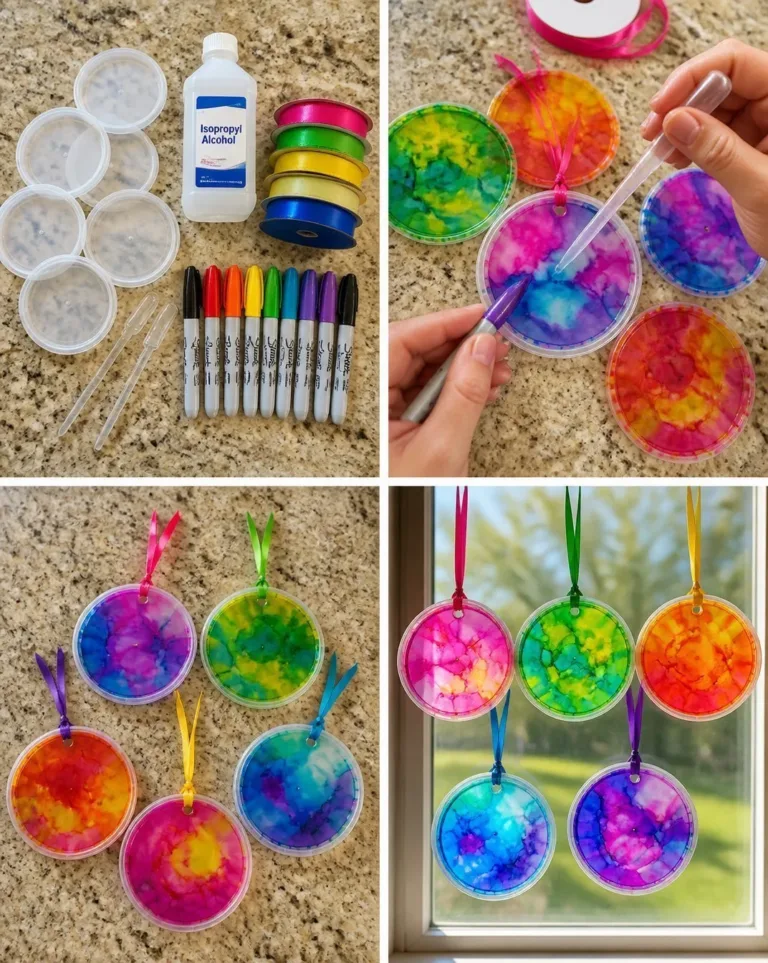 Colorful DIY faux stained glass suncatchers hanging in a window.