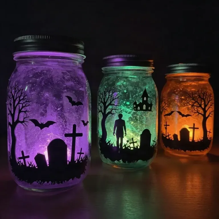 DIY Halloween silhouette lantern jars glowing softly in a cozy setting.