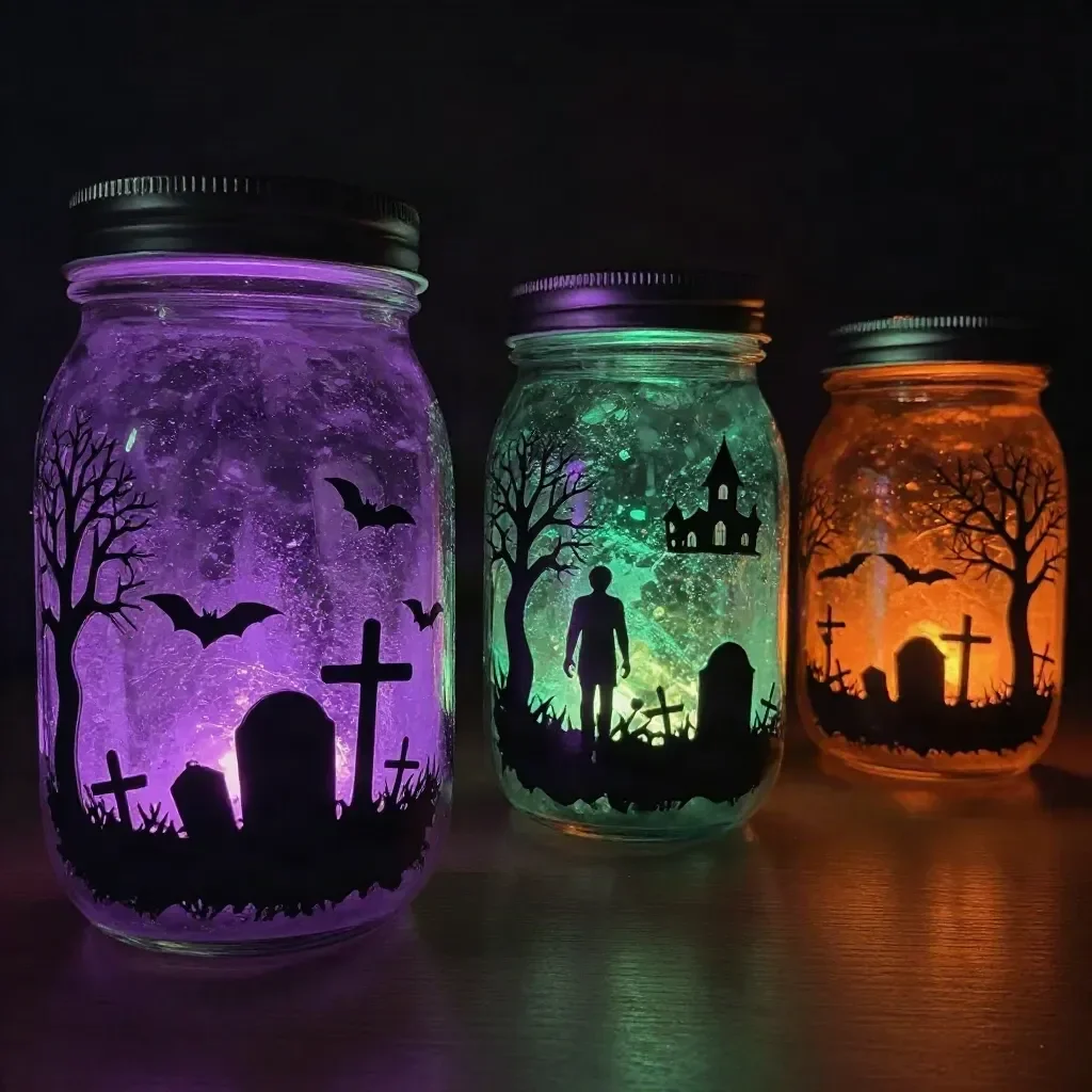 DIY Halloween silhouette lantern jars glowing softly in a cozy setting.