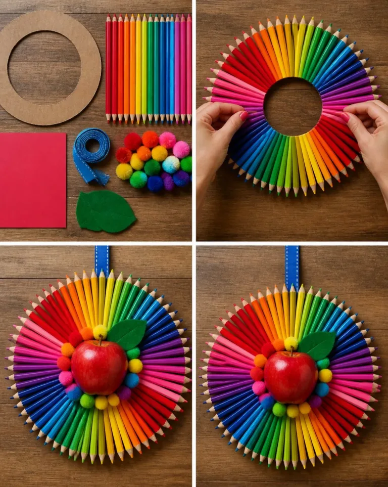 Colorful DIY Rainbow Apple Pencil Wreath for teachers