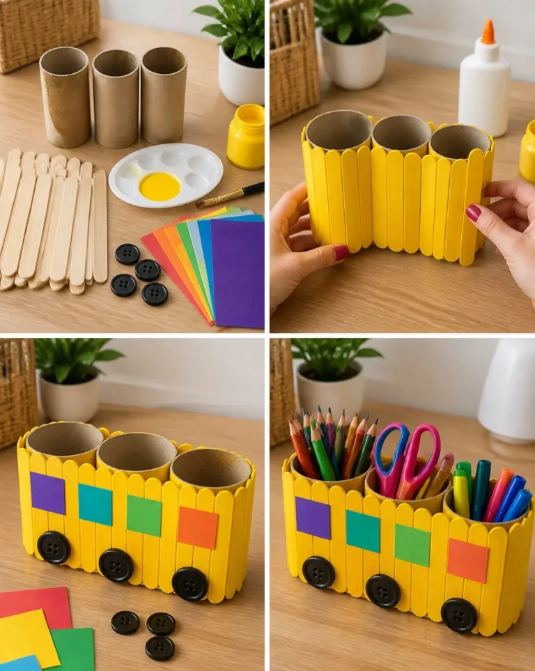 DIY rainbow popsicle stick school bus organizer for school supplies