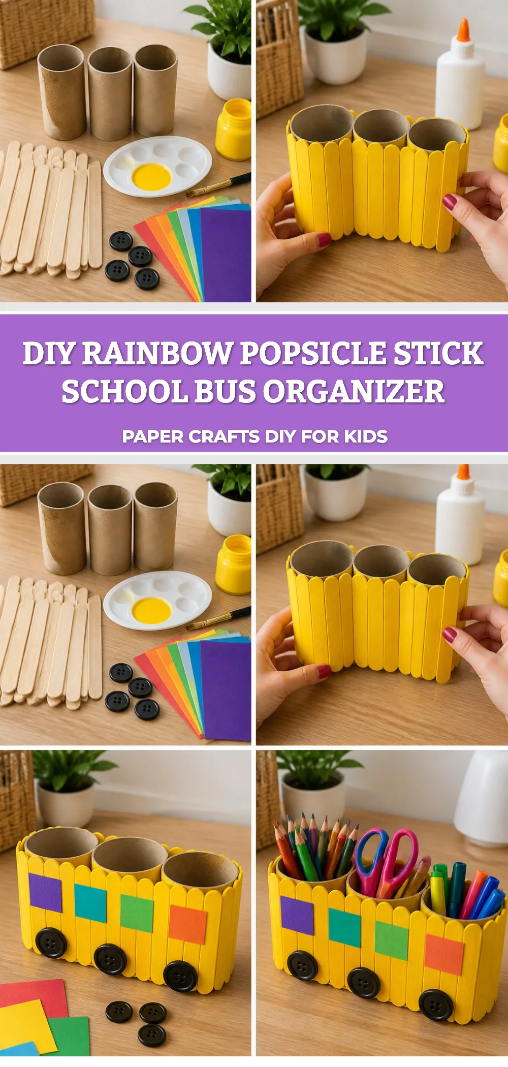 DIY Rainbow Popsicle Stick School Bus Organizer