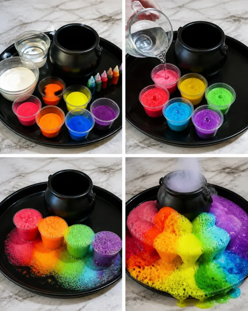 Fizzy Rainbow Halloween Cauldron Experiment with colorful fizzing effects