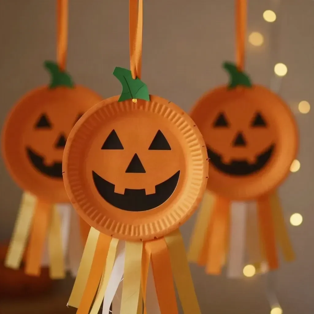 Kids crafting floating paper plate ghosts for Halloween decoration