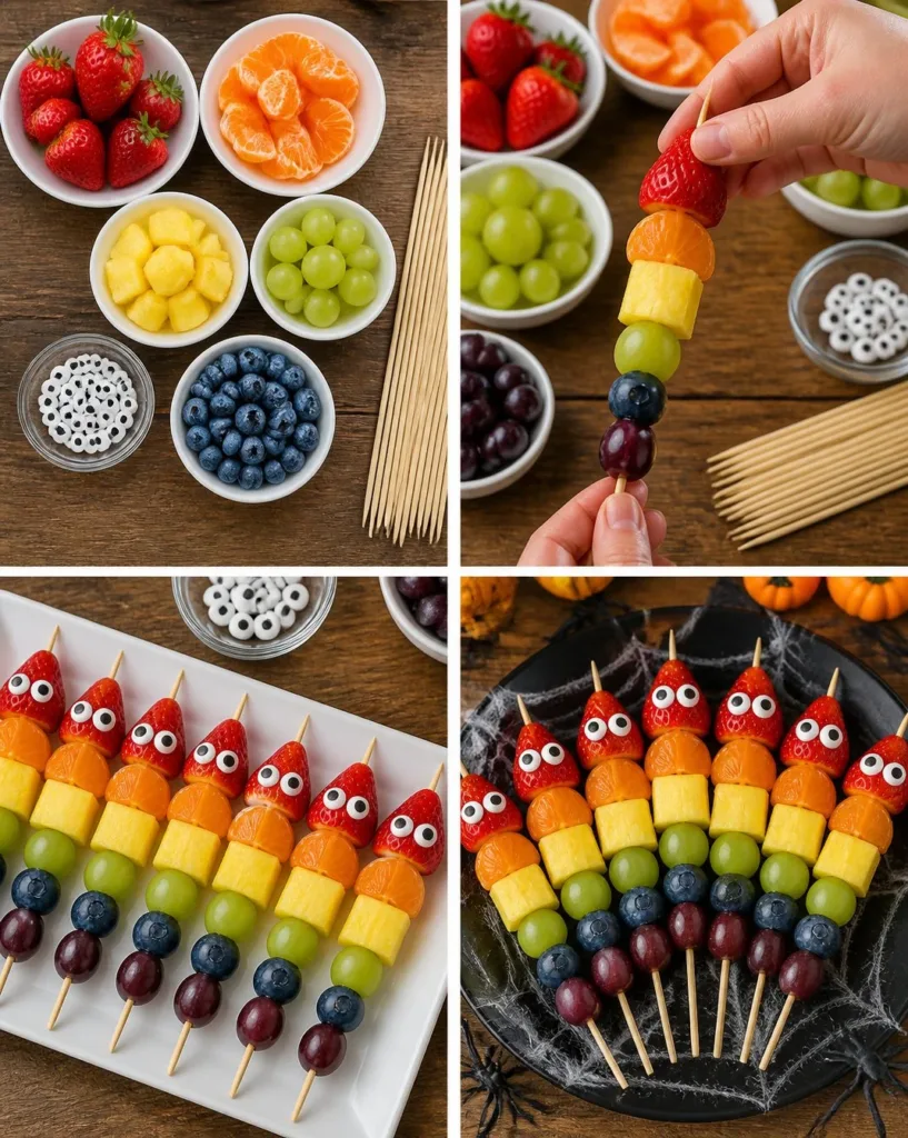 Halloween rainbow fruit monster skewers made with vibrant colorful fruits