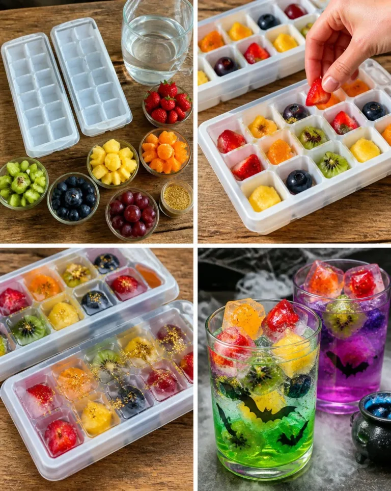 Colorful Halloween rainbow potion ice cubes in a festive drink