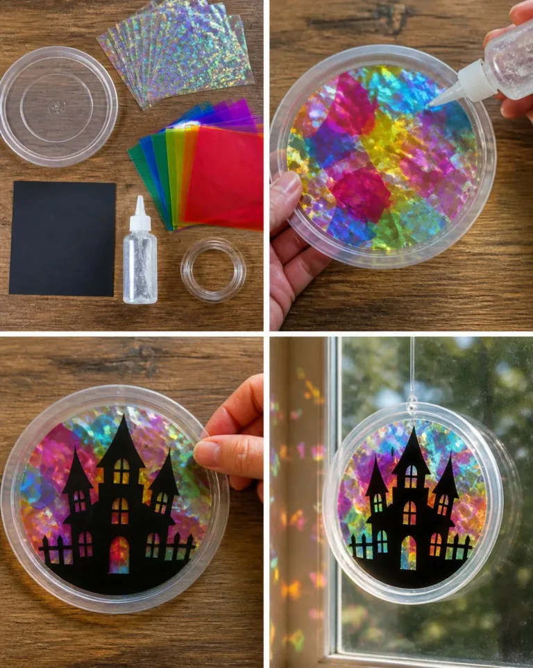 Holographic Haunted House Suncatcher for Halloween window decoration