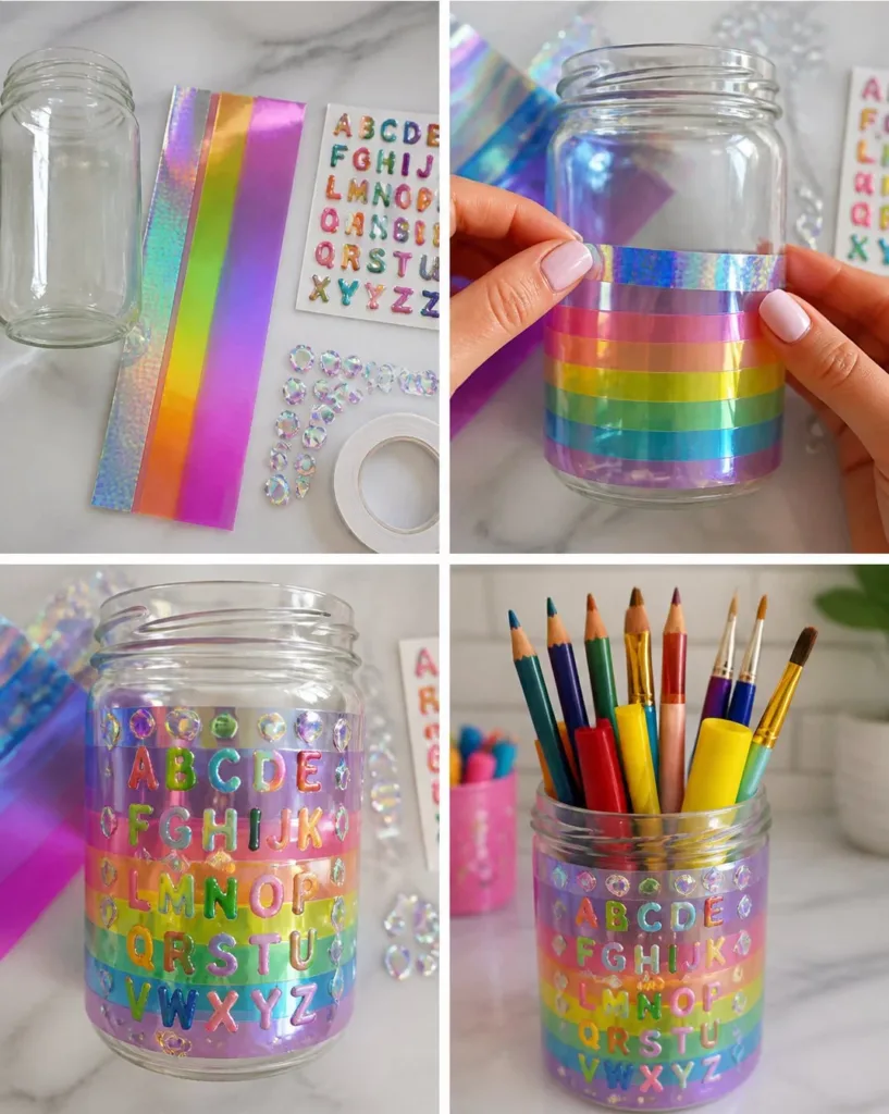 Colorful holographic pencil jar for stylish back-to-school organization.