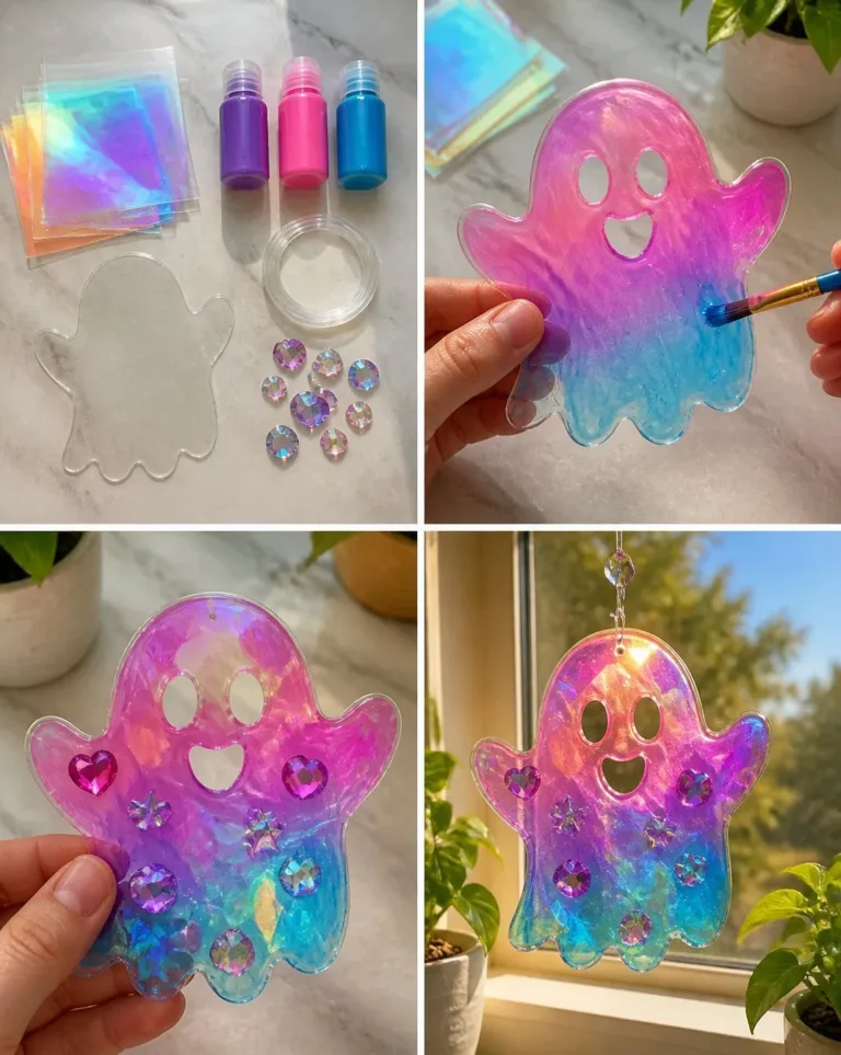 Holographic rainbow ghost suncatcher casting calming light reflections.