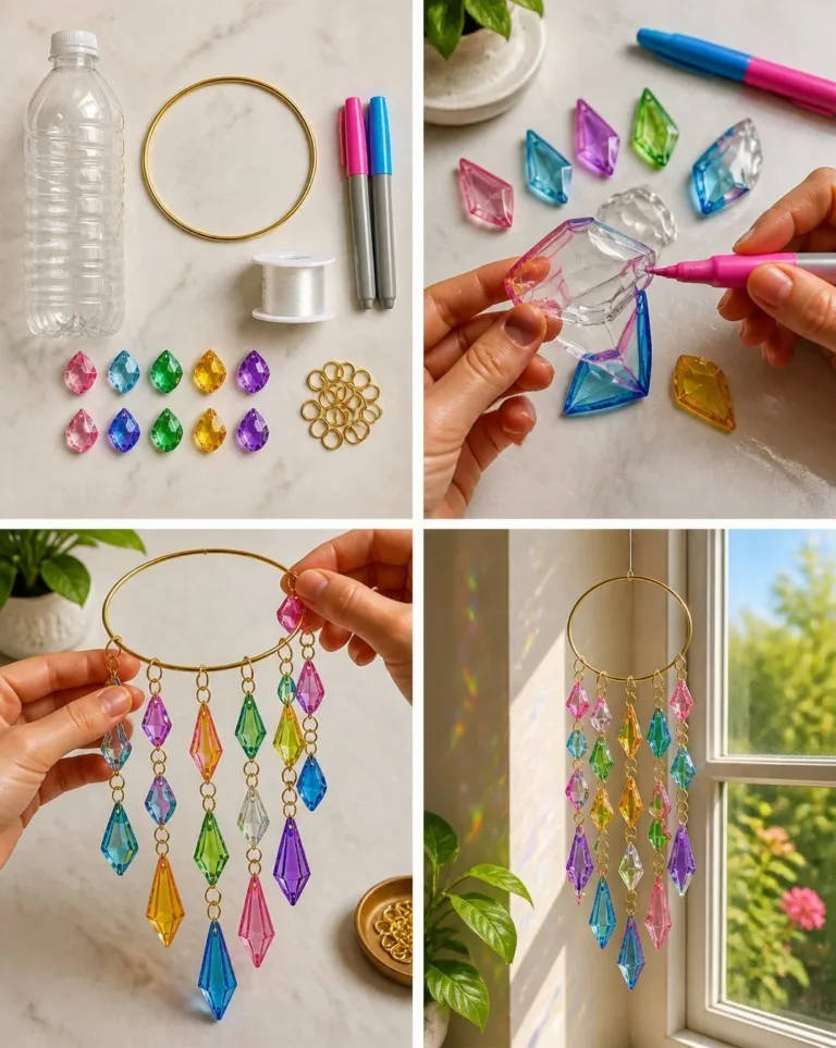 Bright and colorful recycled plastic bottle suncatcher hanging in sunlight