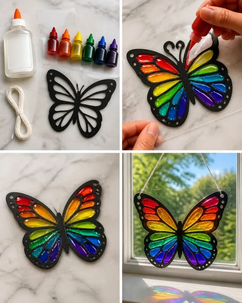 Layered Rainbow Glue Butterfly Suncatcher in bright colors hanging in a window