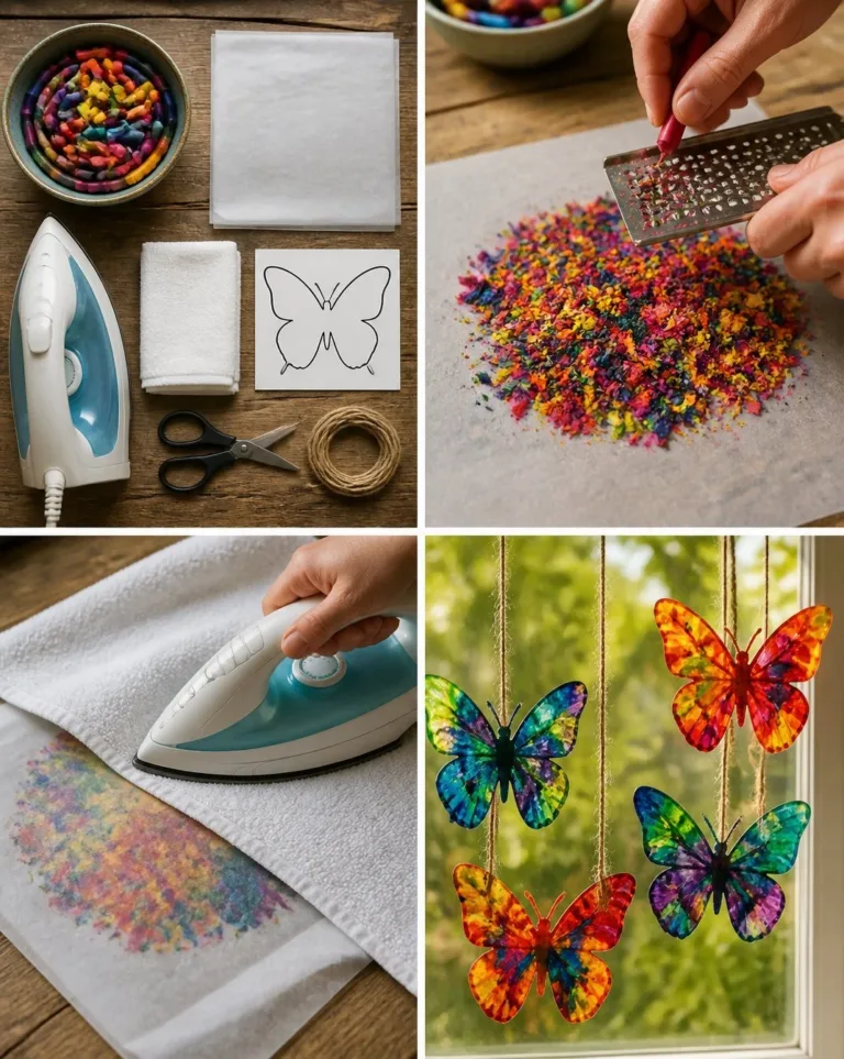 Beautiful melted crayon butterfly suncatchers hanging in the sun
