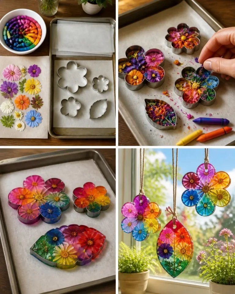 Colorful melted crayon flower suncatcher catching sunlight indoors.