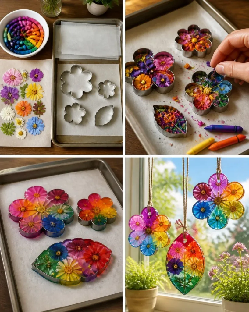 Colorful melted crayon flower suncatcher catching sunlight indoors.