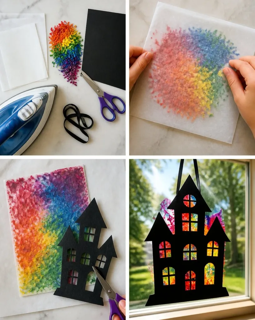 Melted Crayon Rainbow Suncatcher shaped like a haunted house