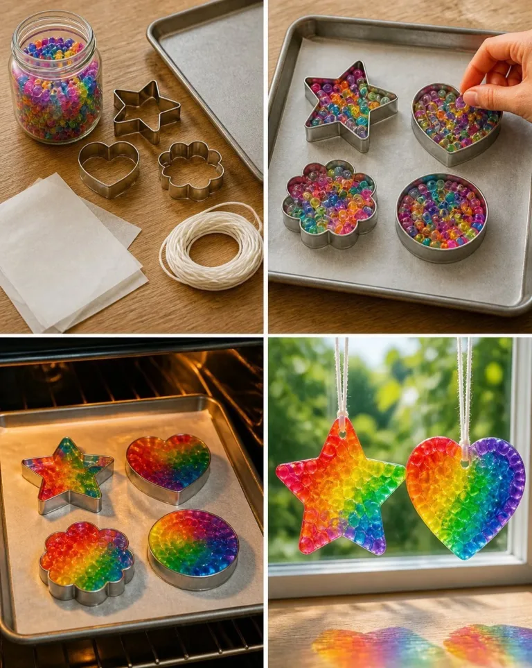 Colorful melting bead suncatchers hanging in a sunny window, creating calming reflections.