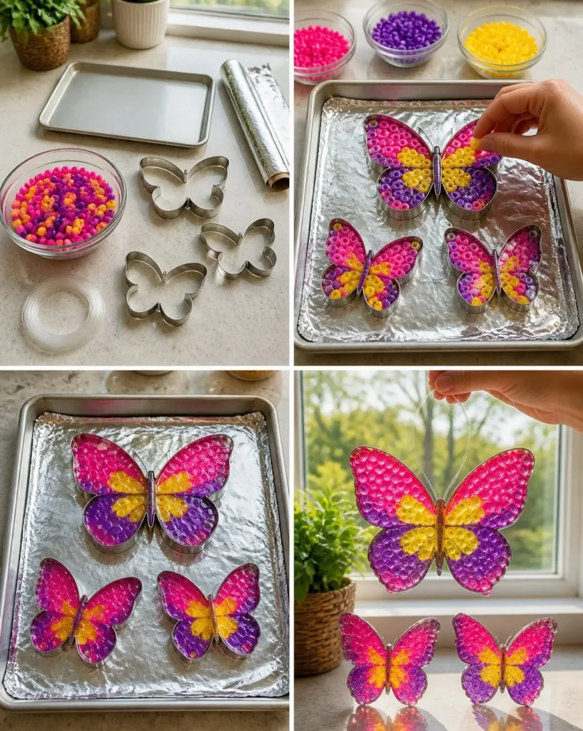 Colorful pony bead butterfly suncatcher hanging in a sunlit window