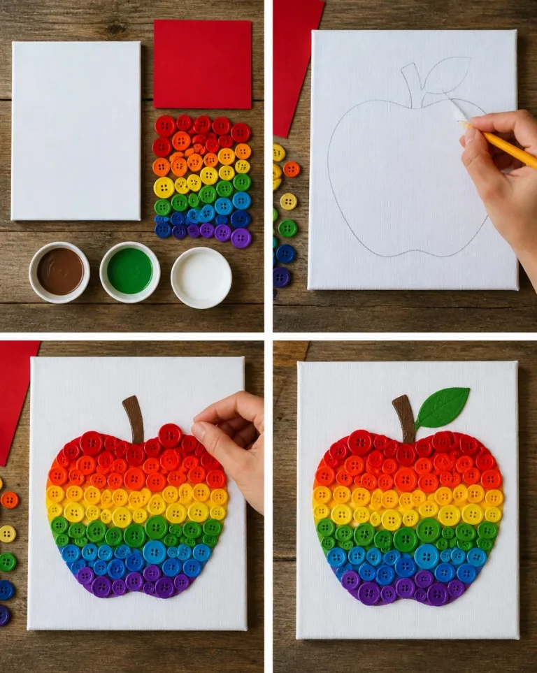 Cozy Rainbow Apple Button mosaic art creating a vibrant atmosphere.