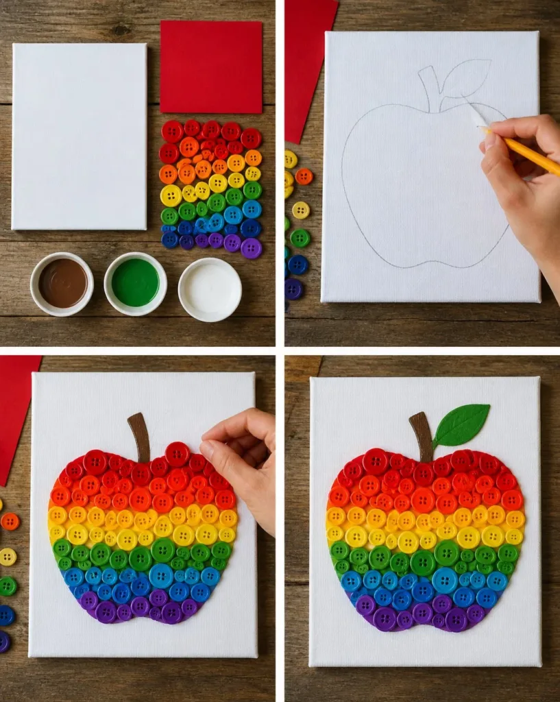 Cozy Rainbow Apple Button mosaic art creating a vibrant atmosphere.