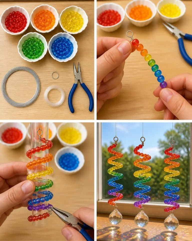 Rainbow Bead Spiral Suncatcher reflecting colorful light patterns