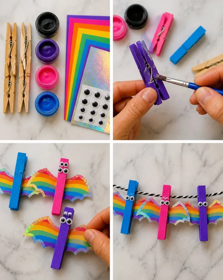 Colorful rainbow clothespin bat friends DIY kids craft project